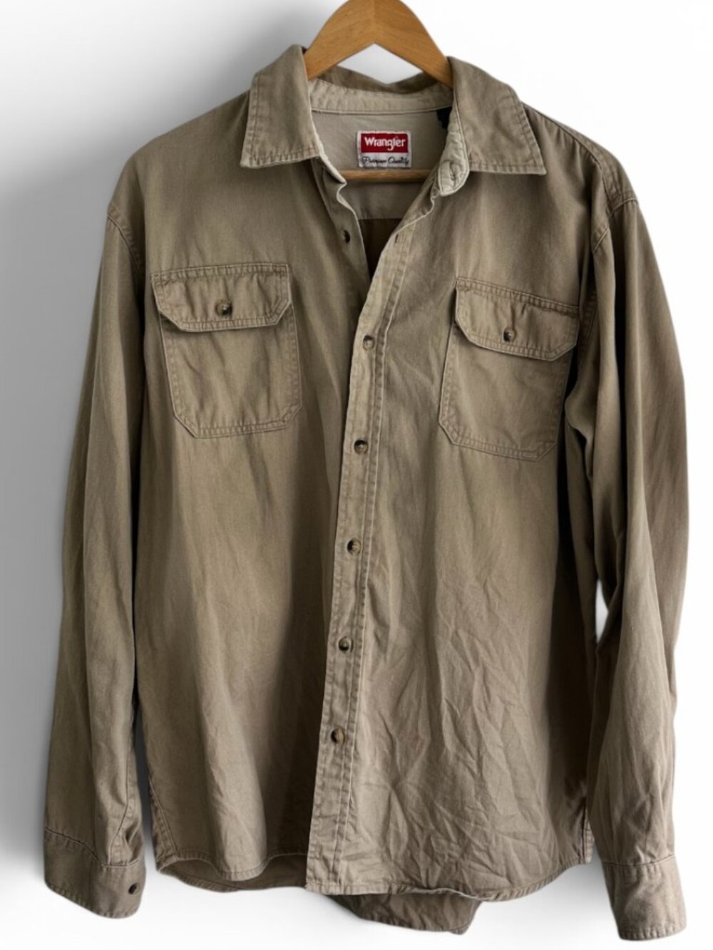 Wrangler Khaki Premium Quality 100% Cotton Long Sleeve Button Down Work Shirt